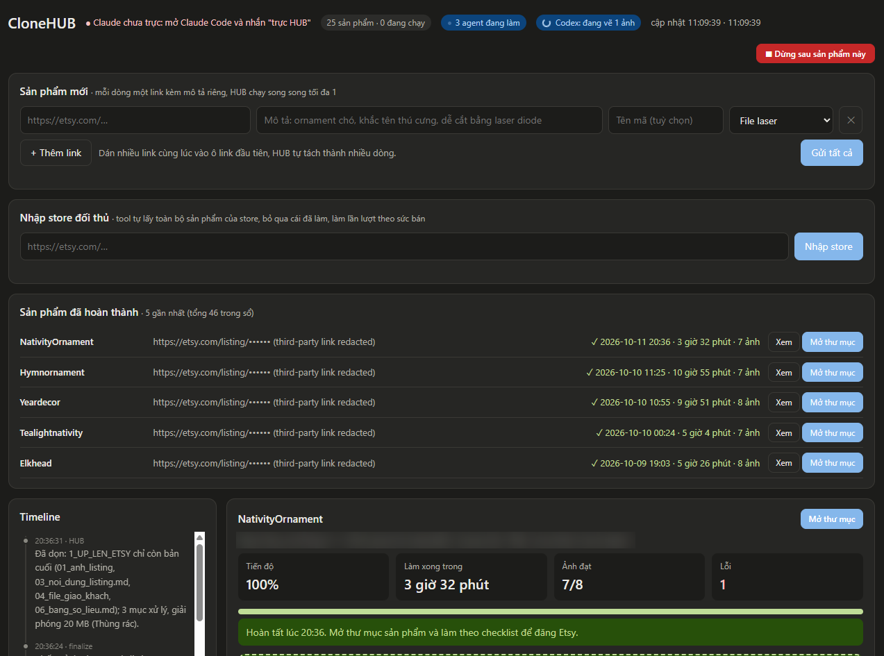 CloneHUB dashboard with the job queue and completed products
